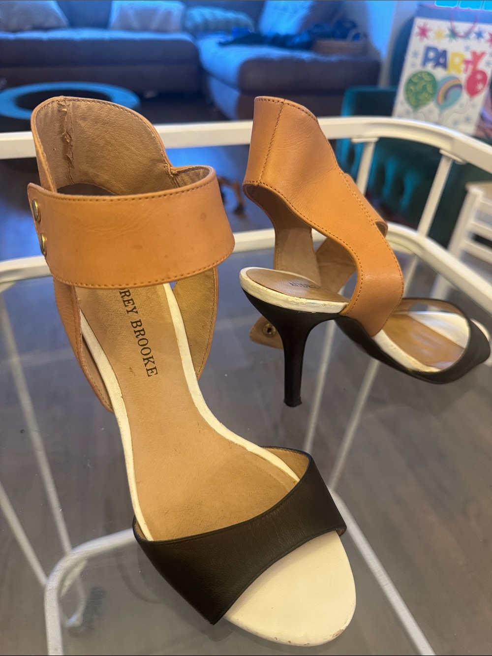 Audrey Brooke Two-Tone Mid Heel Sandals in Tan, Black & White